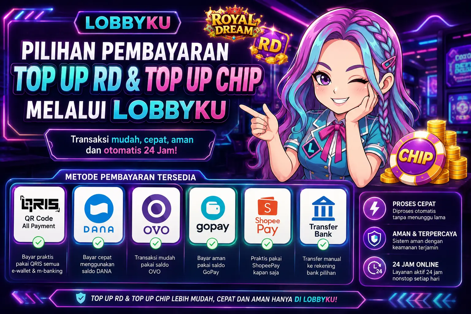 Pilihan pembayaran untuk top up RD dan top up chip melalui Lobbyku